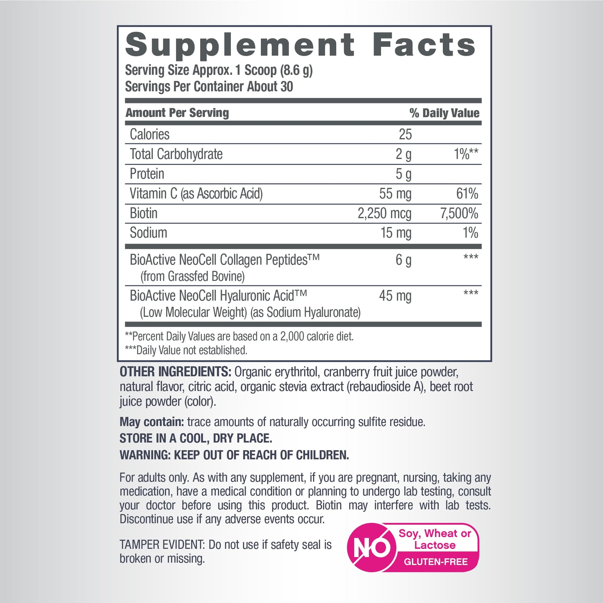 NeoCell Collagen Peptides Powder | 9.1 oz | Grass Fed Bovine | with Biotin and Hyaluronic Acid | Cranberry Cocktail Flavored - dailyvitalstore