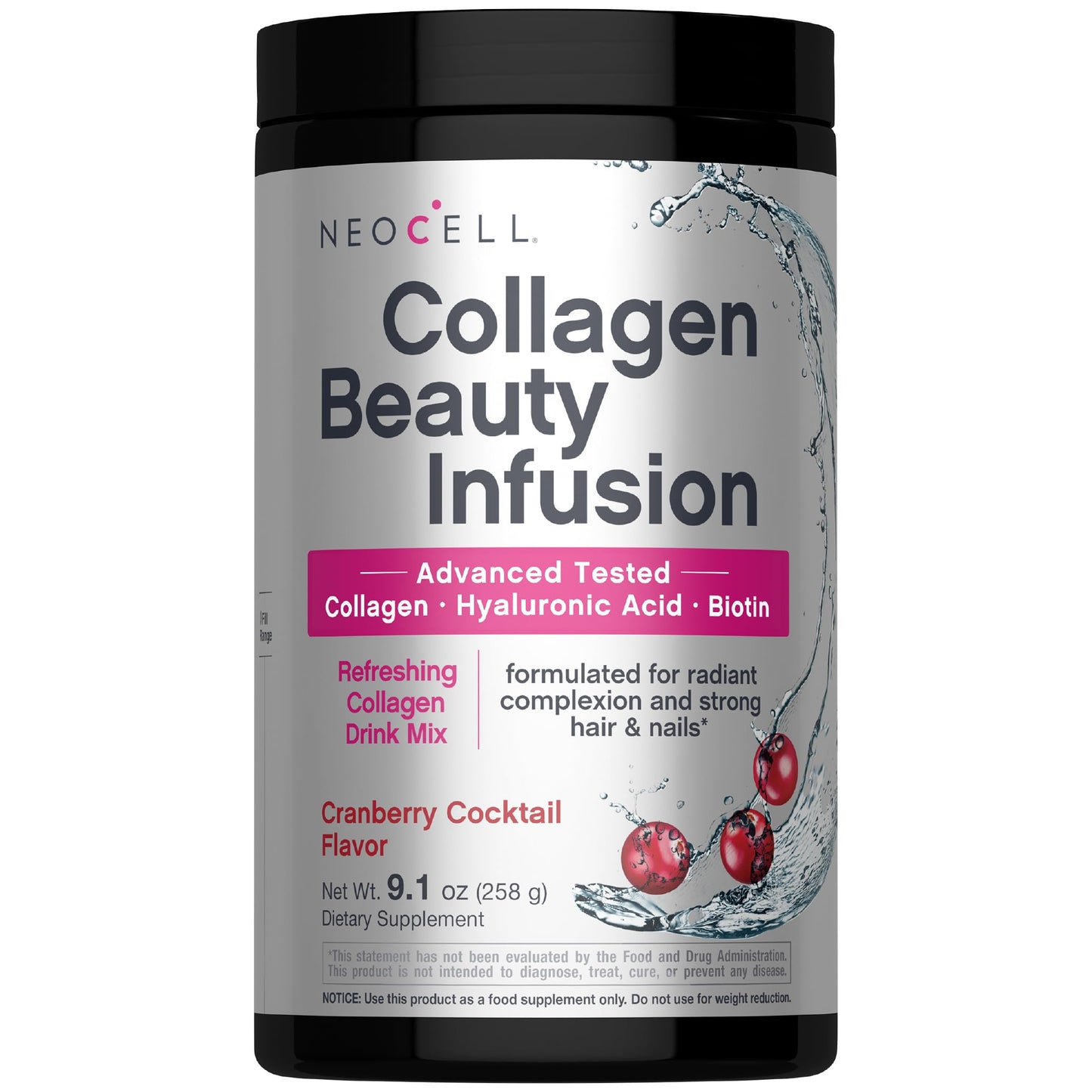 NeoCell Collagen Peptides Powder | 9.1 oz | Grass Fed Bovine | with Biotin and Hyaluronic Acid | Cranberry Cocktail Flavored - dailyvitalstore
