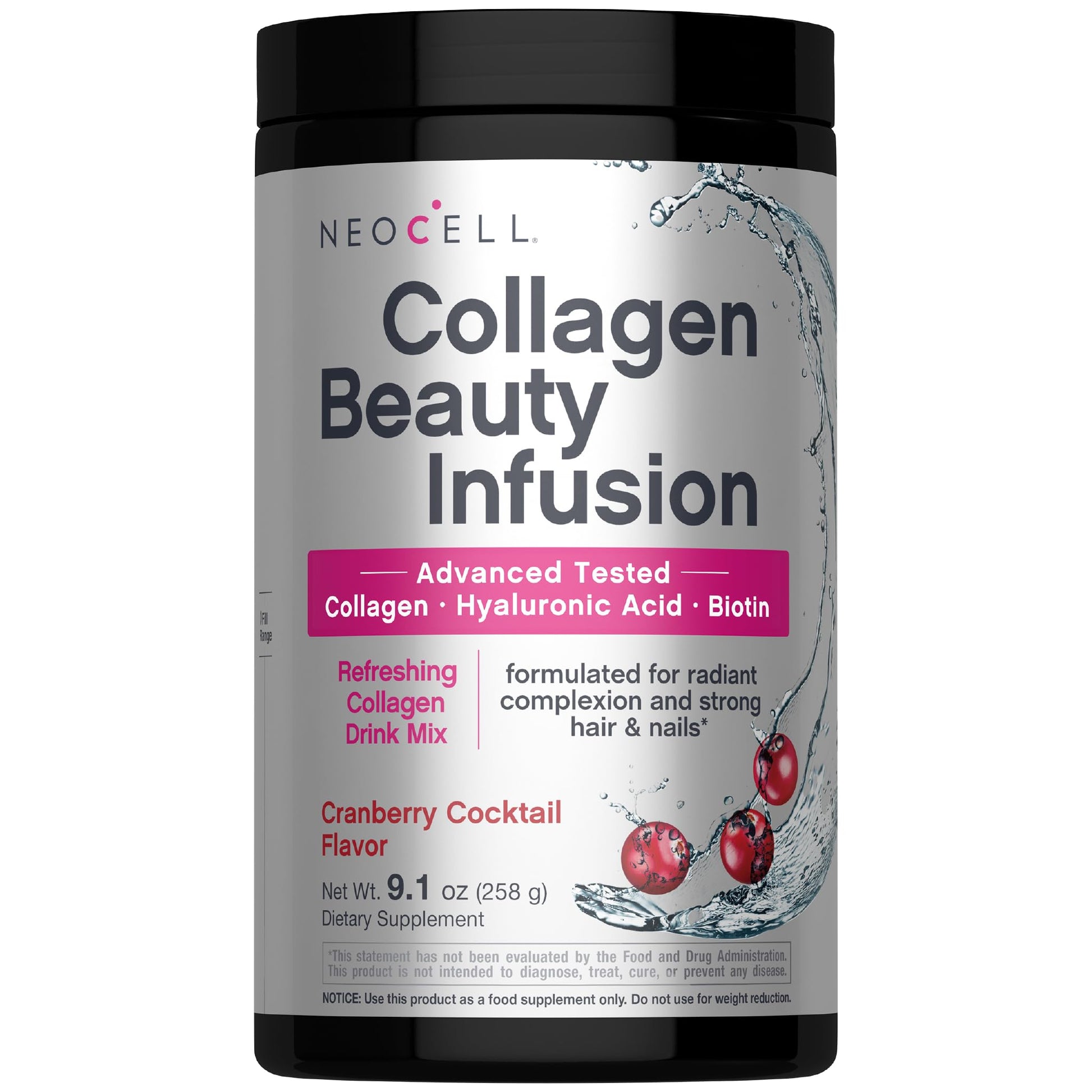 NeoCell Collagen Peptides Powder | 9.1 oz | Grass Fed Bovine | with Biotin and Hyaluronic Acid | Cranberry Cocktail Flavored - dailyvitalstore