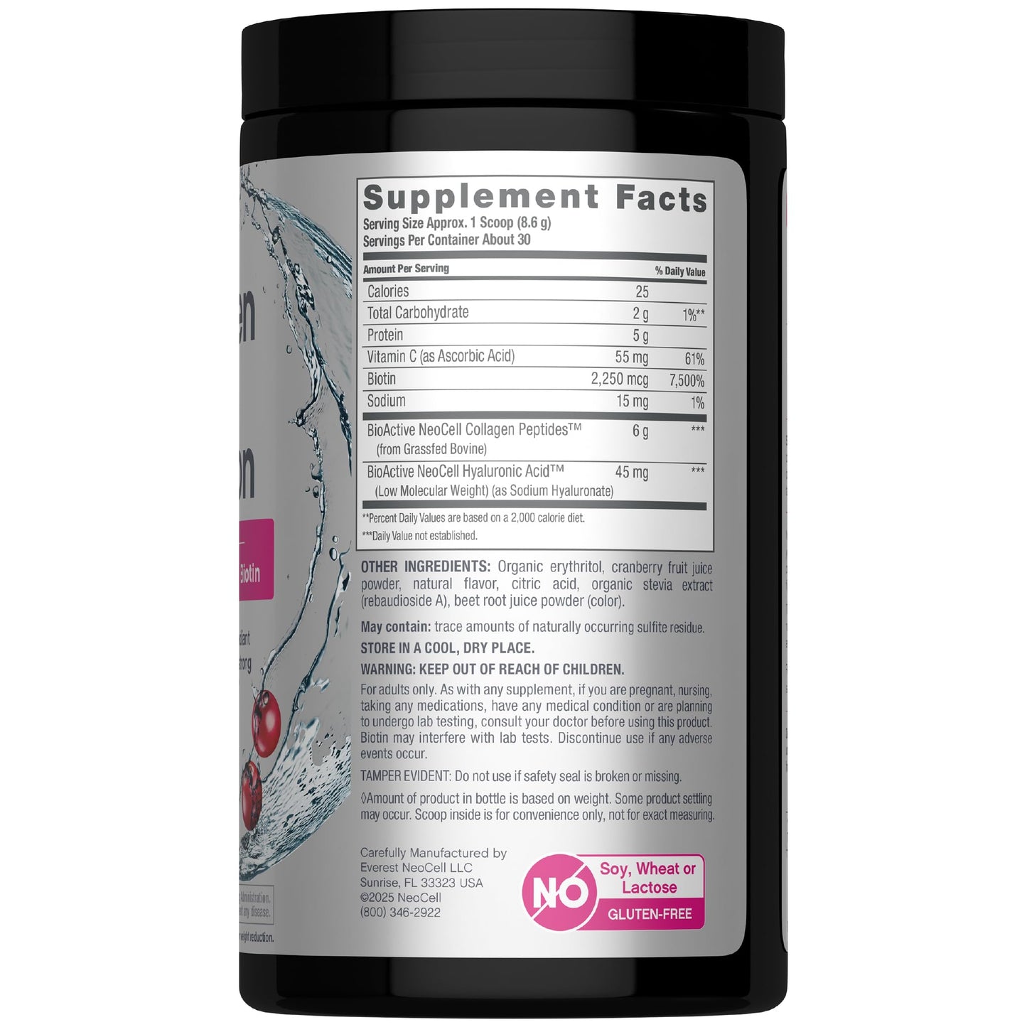NeoCell Collagen Peptides Powder | 9.1 oz | Grass Fed Bovine | with Biotin and Hyaluronic Acid | Cranberry Cocktail Flavored - dailyvitalstore