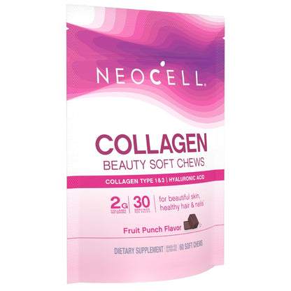 NeoCell Collagen Peptides Soft Chews | 60 Chewables | Beauty Bursts Supplement | with Hyaluronic Acid | Hair, Skin, & Nails | Fruit Punch Flavor - dailyvitalstore