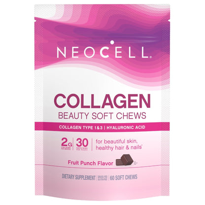 NeoCell Collagen Peptides Soft Chews | 60 Chewables | Beauty Bursts Supplement | with Hyaluronic Acid | Hair, Skin, & Nails | Fruit Punch Flavor - dailyvitalstore