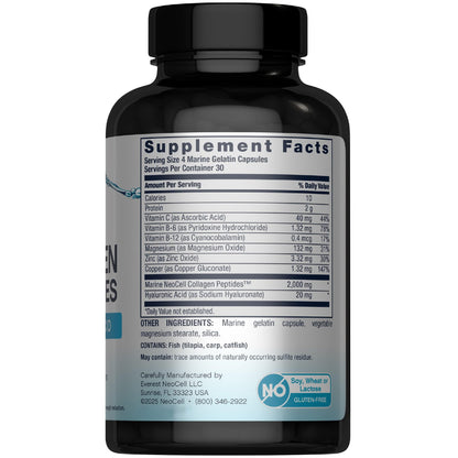 NeoCell Marine Collagen Peptides Capsules | 120 Pills | with Hyaluronic Acid | Plus Vitamin C | for Women and Men - dailyvitalstore