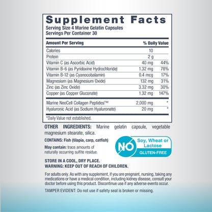 NeoCell Marine Collagen Peptides Capsules | 120 Pills | with Hyaluronic Acid | Plus Vitamin C | for Women and Men - dailyvitalstore