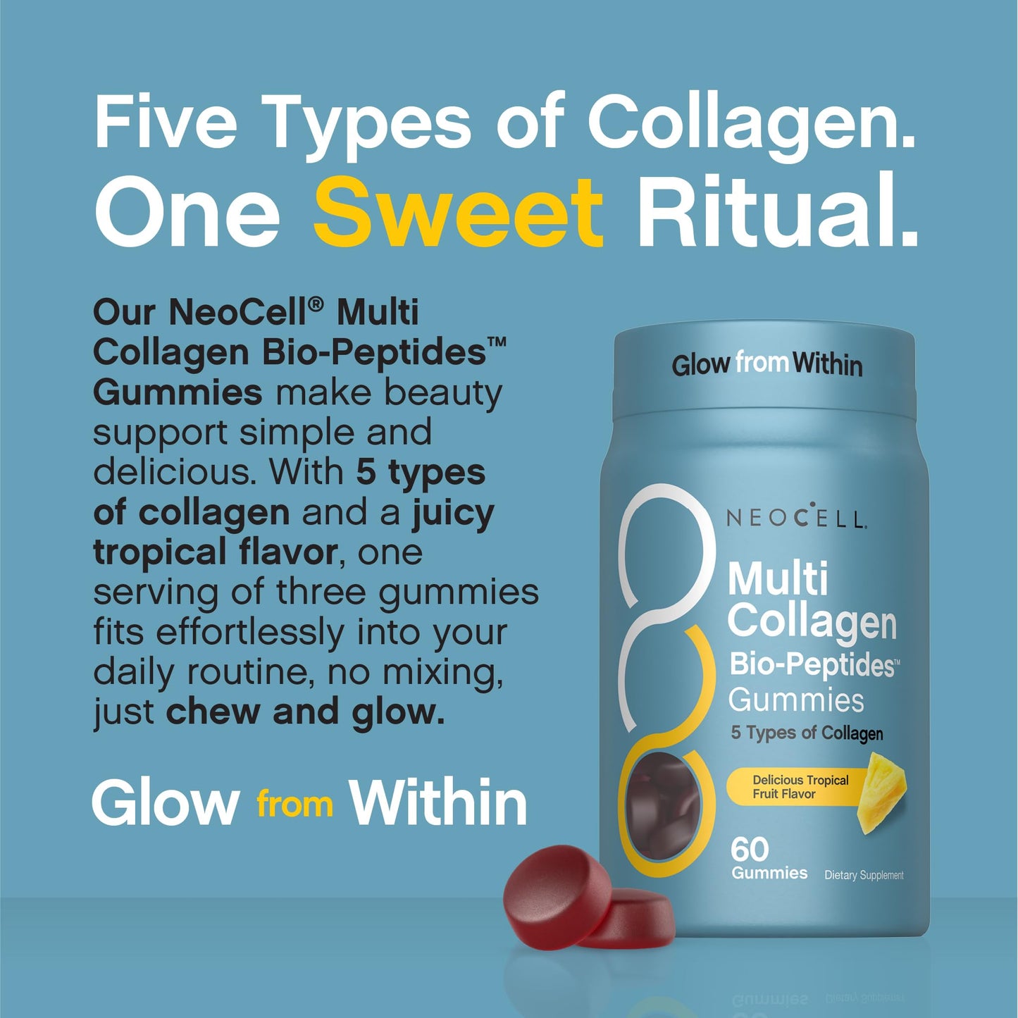 NeoCell Multi Collagen Bio-Peptides Gummies | 60 ct | Tropical Flavor | Type I, II, III, V, X | Advanced BioActive Formula - dailyvitalstore