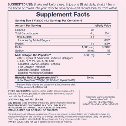 NeoCell Multi Collagen Peptides Liquid | 6 Vials | with Hyaluronic Acid and Biotin | Advanced Formula | Complex Beauty Supplement | Hair, Skin, and Nails - dailyvitalstore