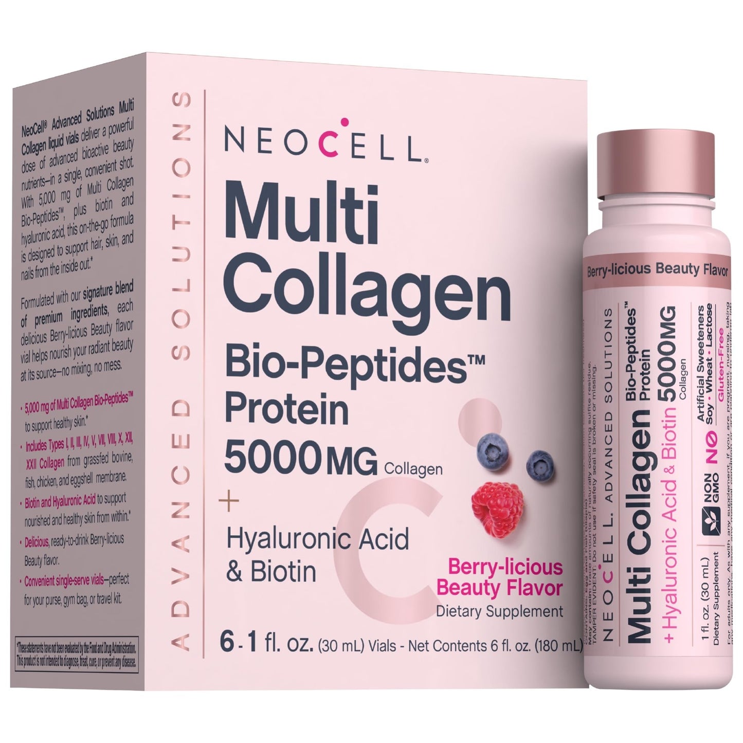 NeoCell Multi Collagen Peptides Liquid | 6 Vials | with Hyaluronic Acid and Biotin | Advanced Formula | Complex Beauty Supplement | Hair, Skin, and Nails - dailyvitalstore
