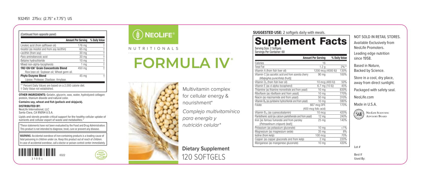 NeoLife - Formula IV Softgel - Vitamins A, C, D, E, B Complex, Multivitamins & Multi-Minerals, Multivitamin for Women & Men, TRE-EN-EN Grain Blend Supplements, Phyto Enzyme Blend - 120 Softgels - dailyvitalstore