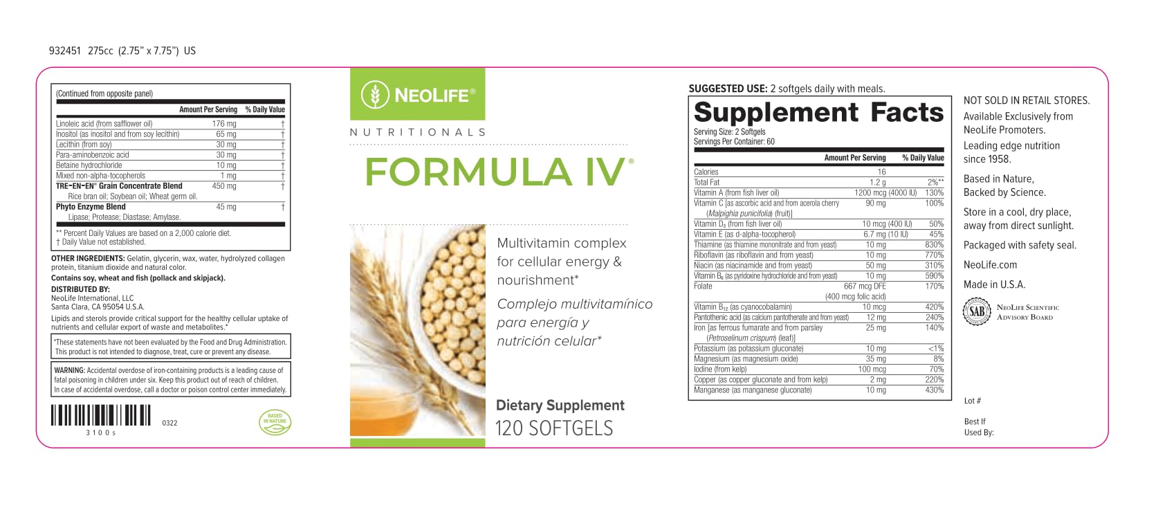 NeoLife - Formula IV Softgel - Vitamins A, C, D, E, B Complex, Multivitamins & Multi-Minerals, Multivitamin for Women & Men, TRE-EN-EN Grain Blend Supplements, Phyto Enzyme Blend - 120 Softgels - dailyvitalstore