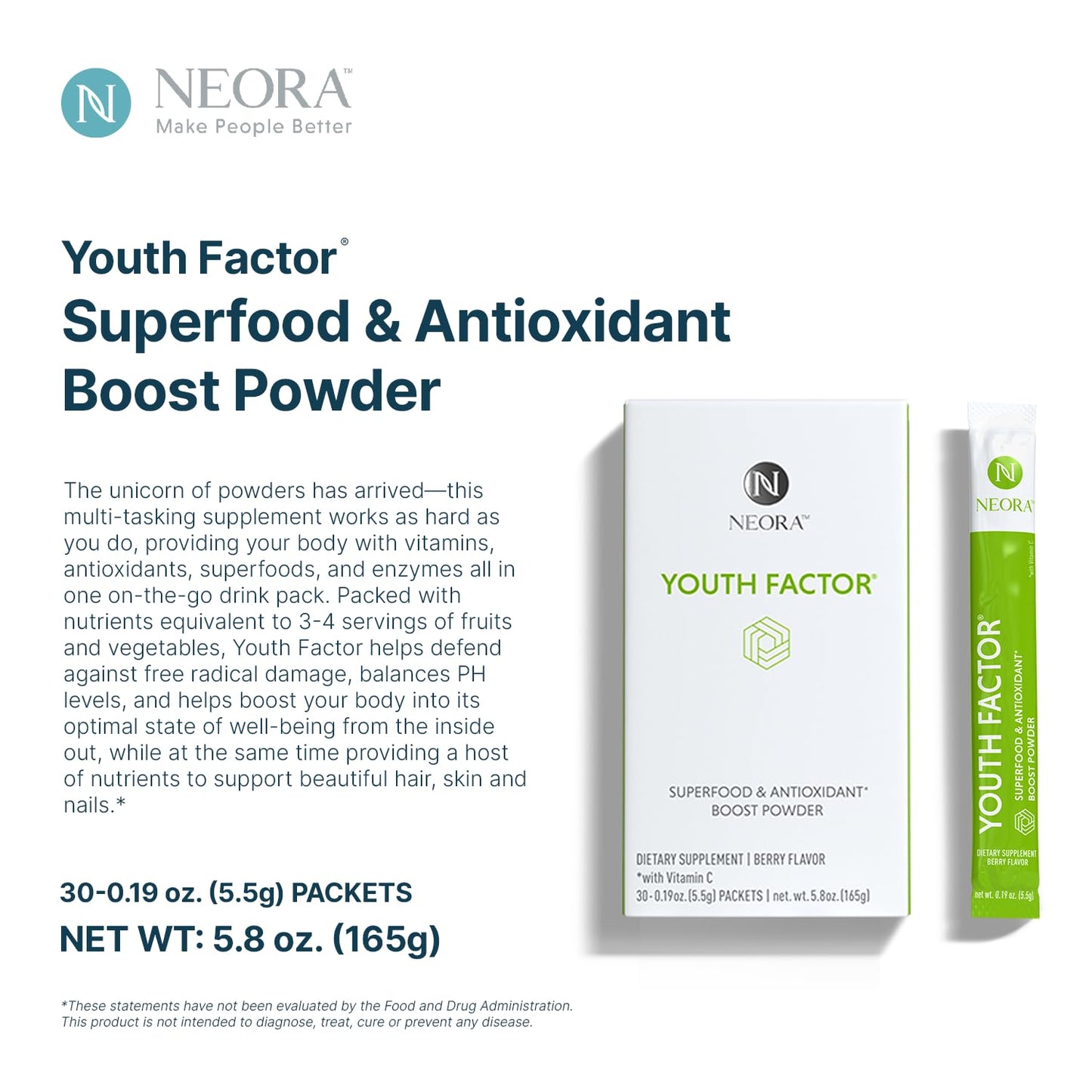 NEORA Youth Factor - Superfood Boost Powder - pH Balance, Hair Skin Nails Support, Fruits & Veggies Equivalent, Nutrient Absorption - 30 Packets - dailyvitalstore