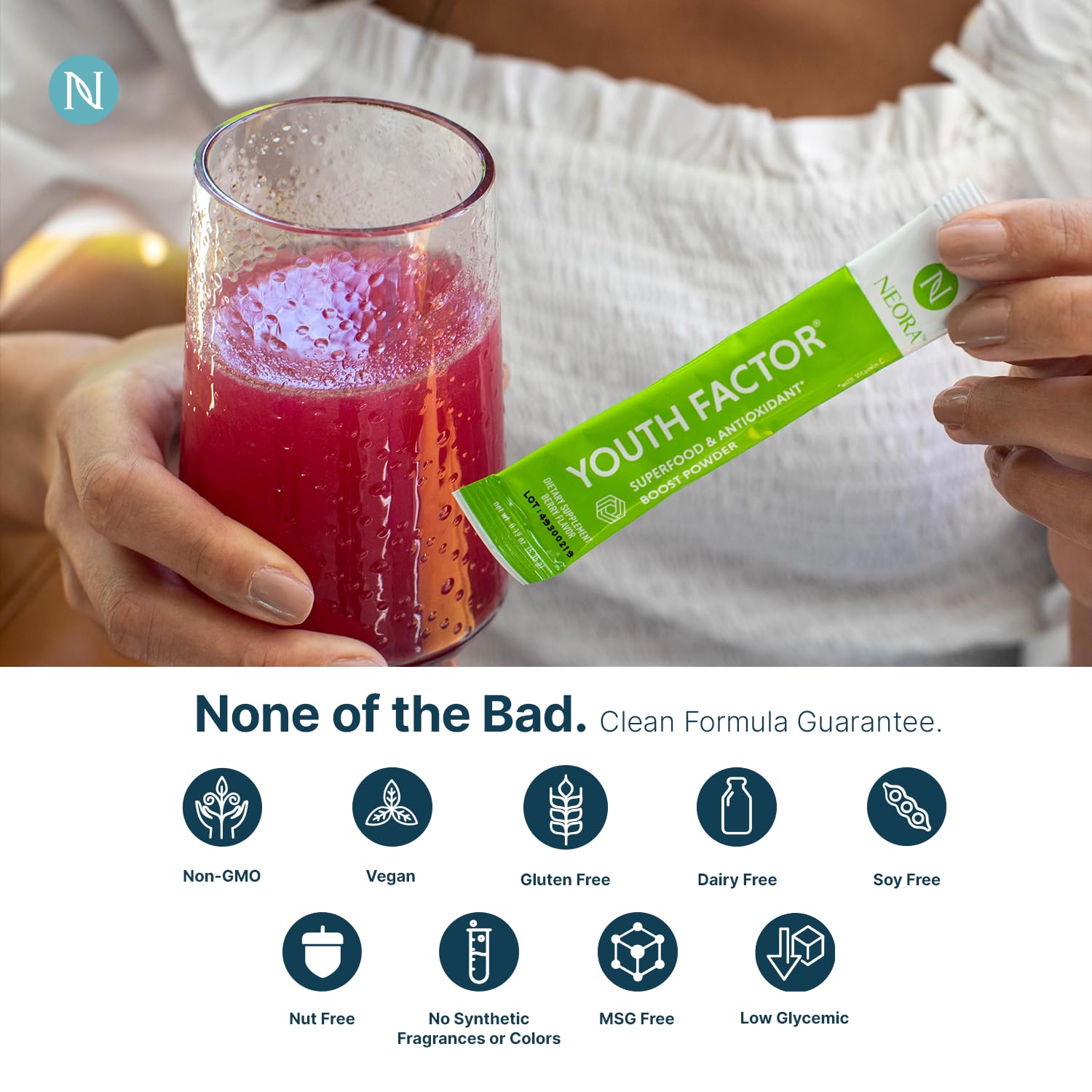 NEORA Youth Factor - Superfood Boost Powder - pH Balance, Hair Skin Nails Support, Fruits & Veggies Equivalent, Nutrient Absorption - 30 Packets - dailyvitalstore
