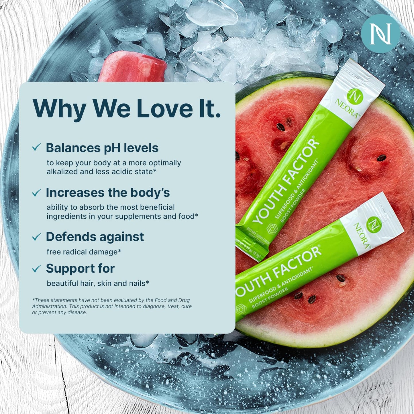 NEORA Youth Factor - Superfood Boost Powder - pH Balance, Hair Skin Nails Support, Fruits & Veggies Equivalent, Nutrient Absorption - 30 Packets - dailyvitalstore