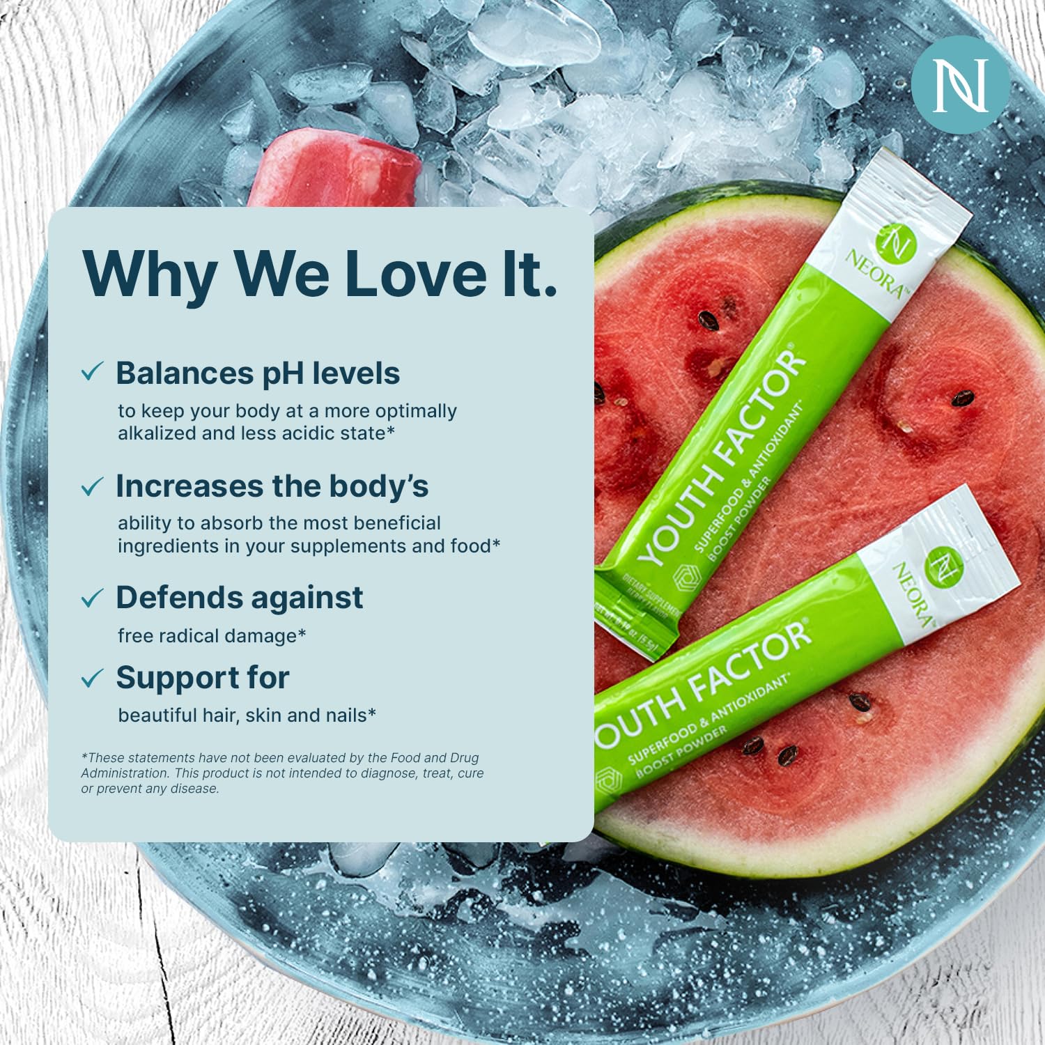 NEORA Youth Factor - Superfood Boost Powder - pH Balance, Hair Skin Nails Support, Fruits & Veggies Equivalent, Nutrient Absorption - 30 Packets - dailyvitalstore