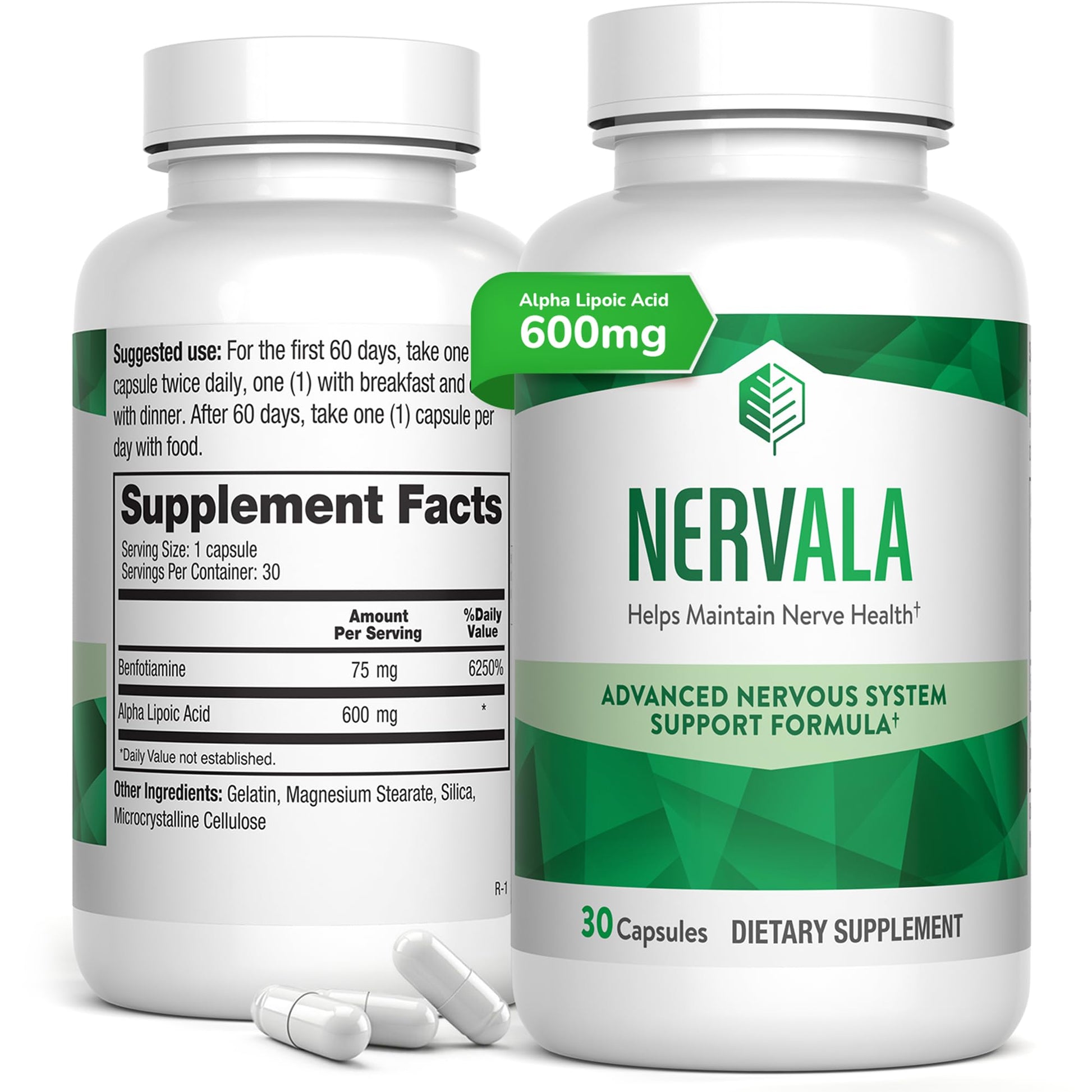 Nervala - Alpha Lipoic Acid 600mg - ALA Supplement Antioxidant for Nerve, Energy & Circulation Support- Extra Strength with Benfotiamine - Made in USA, Lab Tested - 30 Capsules, 1 Month Supply - dailyvitalstore