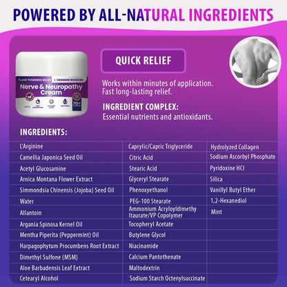 Nerve and Neuropathy Cream – Plant Powered Relief for Foot, Hands, Legs, Toes Includes 7grams of L’Arginine; Vitamin B6, Arnica, Aloe -2.82oz - dailyvitalstore