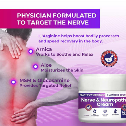 Nerve and Neuropathy Cream – Plant Powered Relief for Foot, Hands, Legs, Toes Includes 7grams of L’Arginine; Vitamin B6, Arnica, Aloe -2.82oz - dailyvitalstore