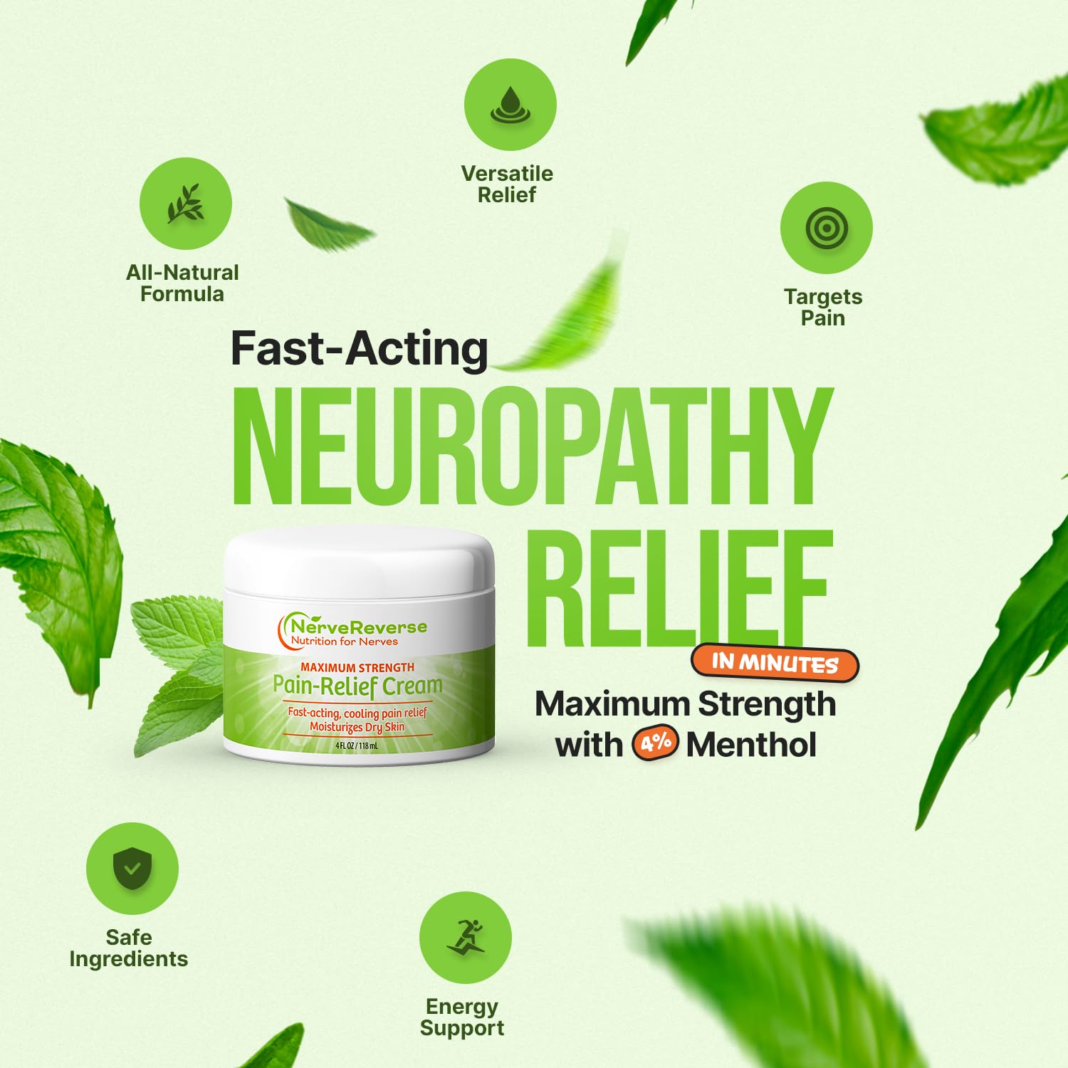 NerveReverse - Neuropathy Pain Relief Cream for feet, Hands, Legs Toes. Large 4 OZ. JAR. Fast-Acting, Maximum Strength Cream with 4% Menthol, MSM, L-Carnitine, L-Arginine, Vitamin E, Vitamin B6 - dailyvitalstore