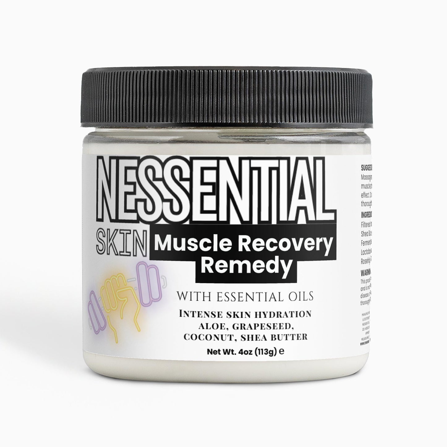 Nessential Skin Muscle Recovery Remedy with Essential Oils, Intense Hydration Cream, Natural Ingredients, Aloe, Grapeseed, Coconut, Shea Butter, 4 oz - dailyvitalstore