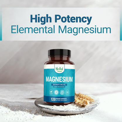 Nested Naturals Magnesium Glycinate Chelate - 200mg Chelated Magnesium Supplement for Muscle Cramps, Relaxation, & Sleep Support - 100% Albion TRACCS Buffered Magnesium Glycinate - 120 Vegan Capsules - dailyvitalstore