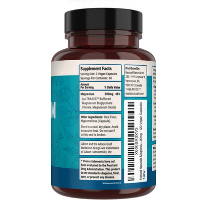Nested Naturals Magnesium Glycinate Chelate - 200mg Chelated Magnesium Supplement for Muscle Cramps, Relaxation, & Sleep Support - 100% Albion TRACCS Buffered Magnesium Glycinate - 120 Vegan Capsules - dailyvitalstore