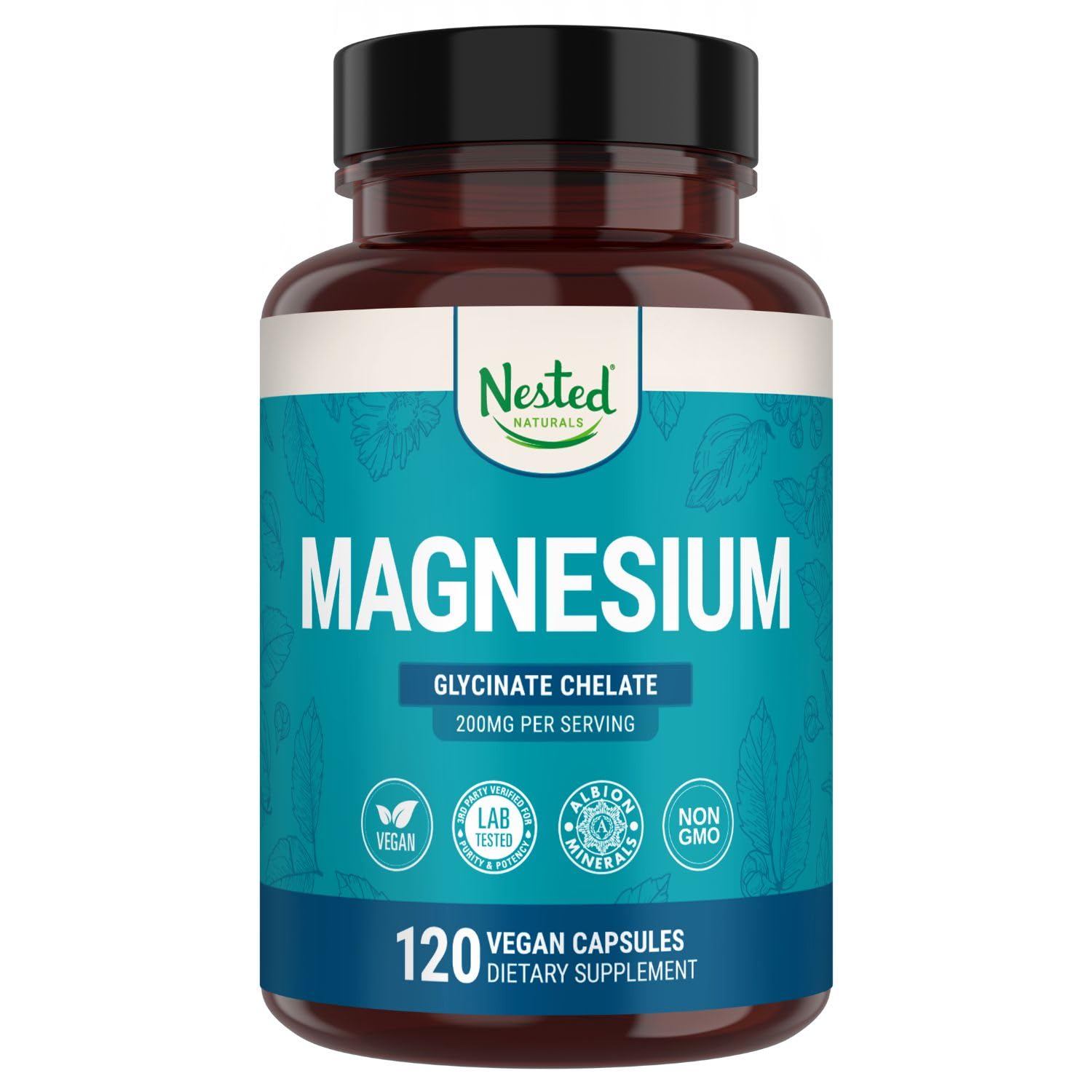Nested Naturals Magnesium Glycinate Chelate - 200mg Chelated Magnesium Supplement for Muscle Cramps, Relaxation, & Sleep Support - 100% Albion TRACCS Buffered Magnesium Glycinate - 120 Vegan Capsules - dailyvitalstore