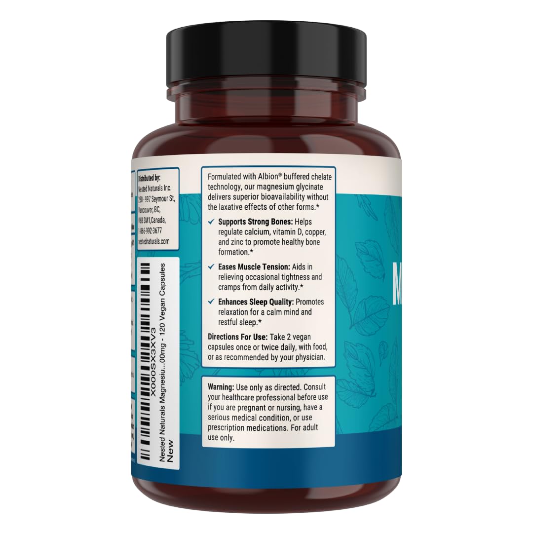 Nested Naturals Magnesium Glycinate Chelate - 200mg Chelated Magnesium Supplement for Muscle Cramps, Relaxation, & Sleep Support - 100% Albion TRACCS Buffered Magnesium Glycinate - 120 Vegan Capsules - dailyvitalstore