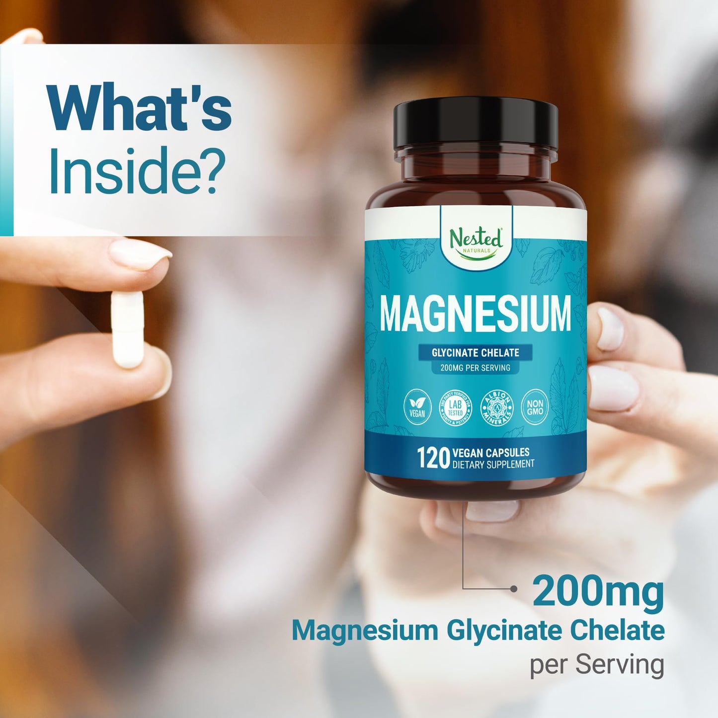 Nested Naturals Magnesium Glycinate Chelate - 200mg Chelated Magnesium Supplement for Muscle Cramps, Relaxation, & Sleep Support - 100% Albion TRACCS Buffered Magnesium Glycinate - 120 Vegan Capsules - dailyvitalstore