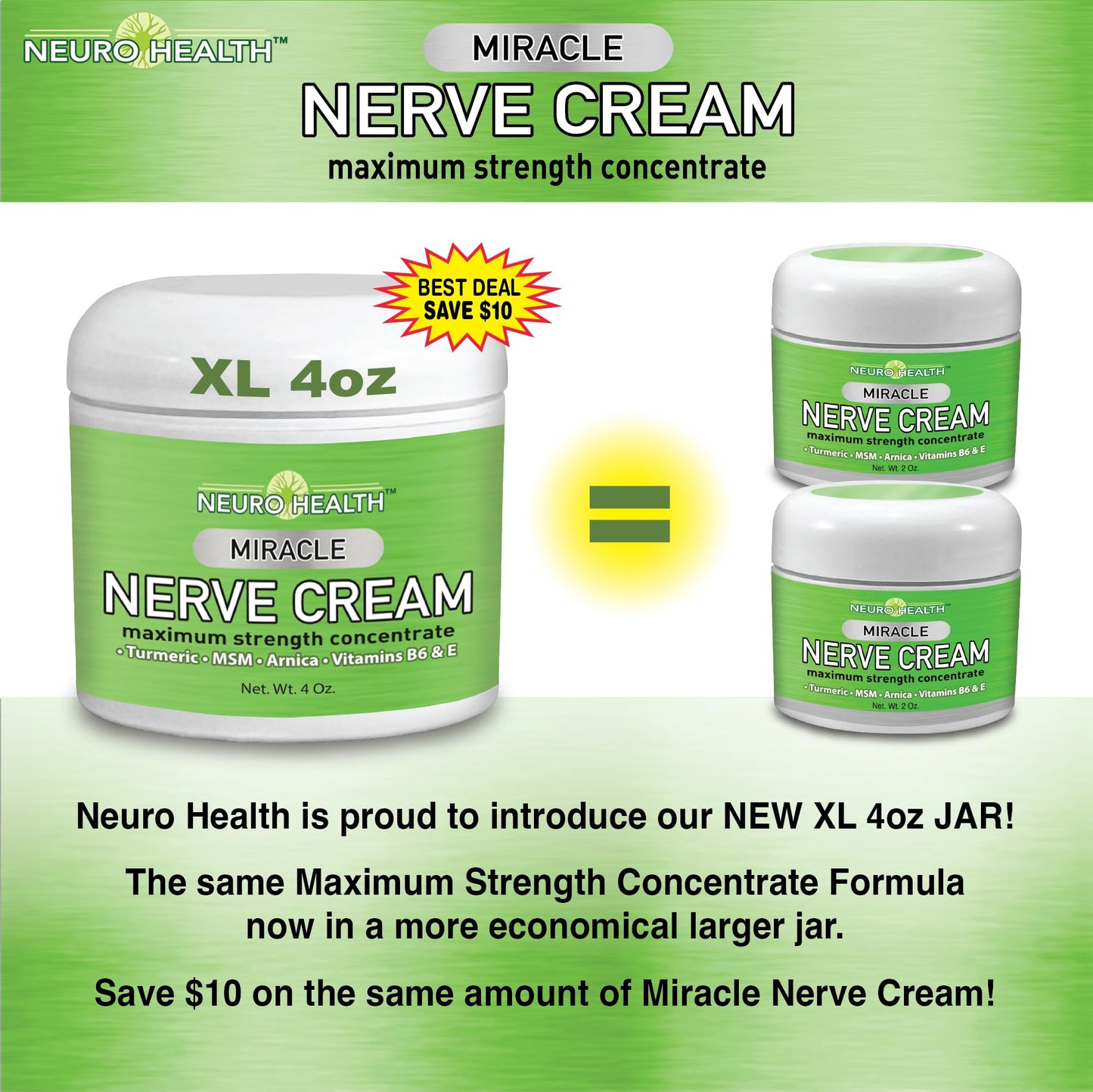 Neuro Health Miracle Nerve Cream - XL 4oz JAR - Maximum Strength - Turmeric and Arnica Blend for Neuropathy Discomfort Relief - Soothing Foot & Hand Formula with MSM, B6, E - Made in USA - dailyvitalstore