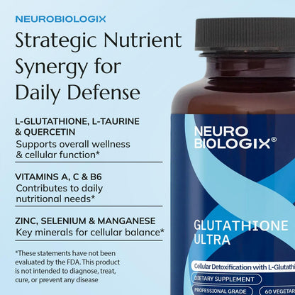 Neurobiologix Glutathione Ultra, L-Glutathione Antioxidant Complex with Vitamin C, A, B2, B6, Zinc, Selenium, Manganese, Taurine & Quercetin for Cellular Health, Gluten Free, 60 Vegetarian Capsules - dailyvitalstore