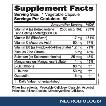 Neurobiologix Glutathione Ultra, L-Glutathione Antioxidant Complex with Vitamin C, A, B2, B6, Zinc, Selenium, Manganese, Taurine & Quercetin for Cellular Health, Gluten Free, 60 Vegetarian Capsules - dailyvitalstore