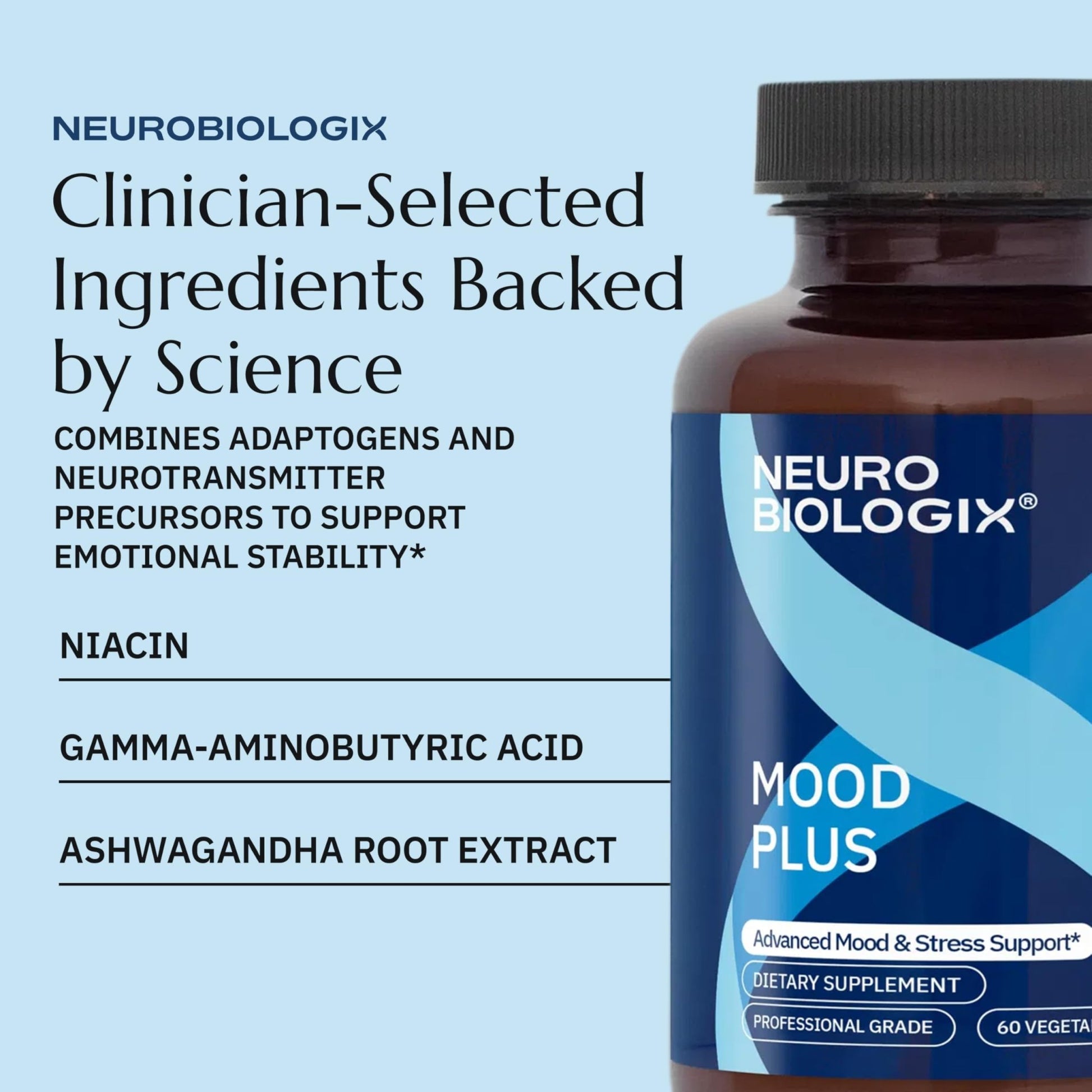 Neurobiologix Mood Plus for Men and Women, Mood & Stress Support Supplement with GABA, 5-HTP, Ashwagandha, Magnesium & Chamomile for Emotional Balance, Relaxation & Serotonin Support, 60 Capsules - dailyvitalstore