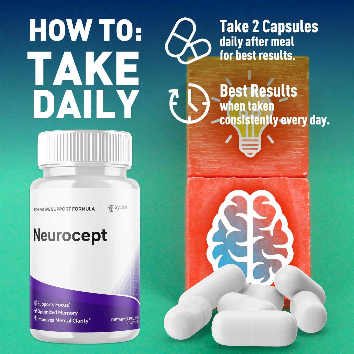 Neurocept Capsules, Official Neurocept Brain Supplement Pills with All Natural Ingredients, Advanced Formula Support Pills with Maximum Strength Premium Vitamins for Women and Men (60 Capsules) - dailyvitalstore