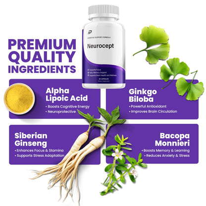 Neurocept Supplement Capsules – All Natural Maximum Strength Formula, Focus & Memory Support (60 Capsules) - dailyvitalstore