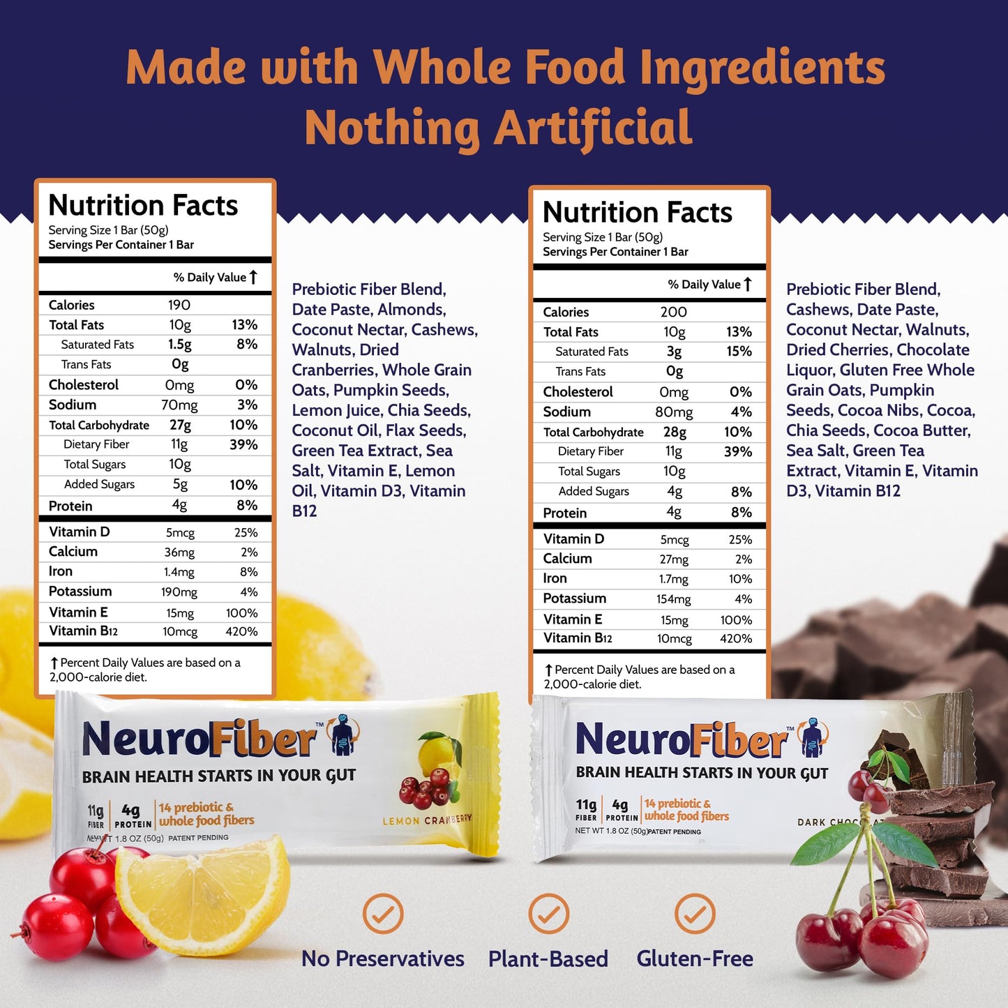 NeuroFiber Prebiotic High Fiber Bars – Gut Health, Bowel Regularity & Brain Function Support – Plant-Based, Gluten Free, Vega - dailyvitalstore