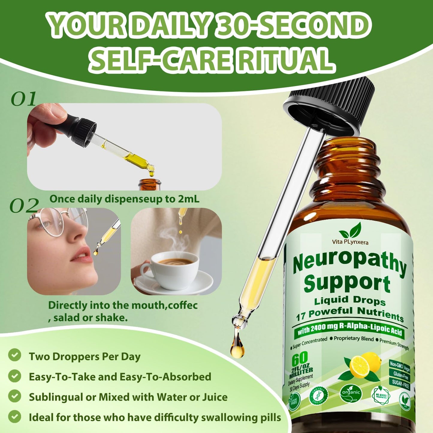 Neuropathy Supplements Liquid Drops, Advance 17-in-1 Stabilized R-Alpha Lipoic Acid (R-ALA) w. Acetyl L-Carnitine Vitamin B-Complex Magnesium, High Potency R-Lipoic Acid for Nerve Antioxidant Energy - dailyvitalstore