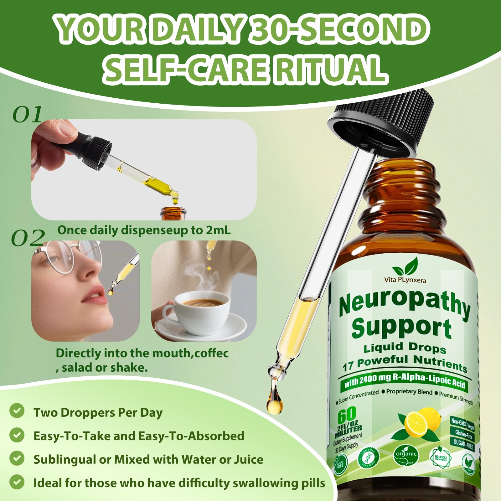 Neuropathy Supplements Liquid Drops, Advance 17-in-1 Stabilized R-Alpha Lipoic Acid (R-ALA) w. Acetyl L-Carnitine Vitamin B-Complex Magnesium, High Potency R-Lipoic Acid for Nerve Antioxidant Energy - dailyvitalstore