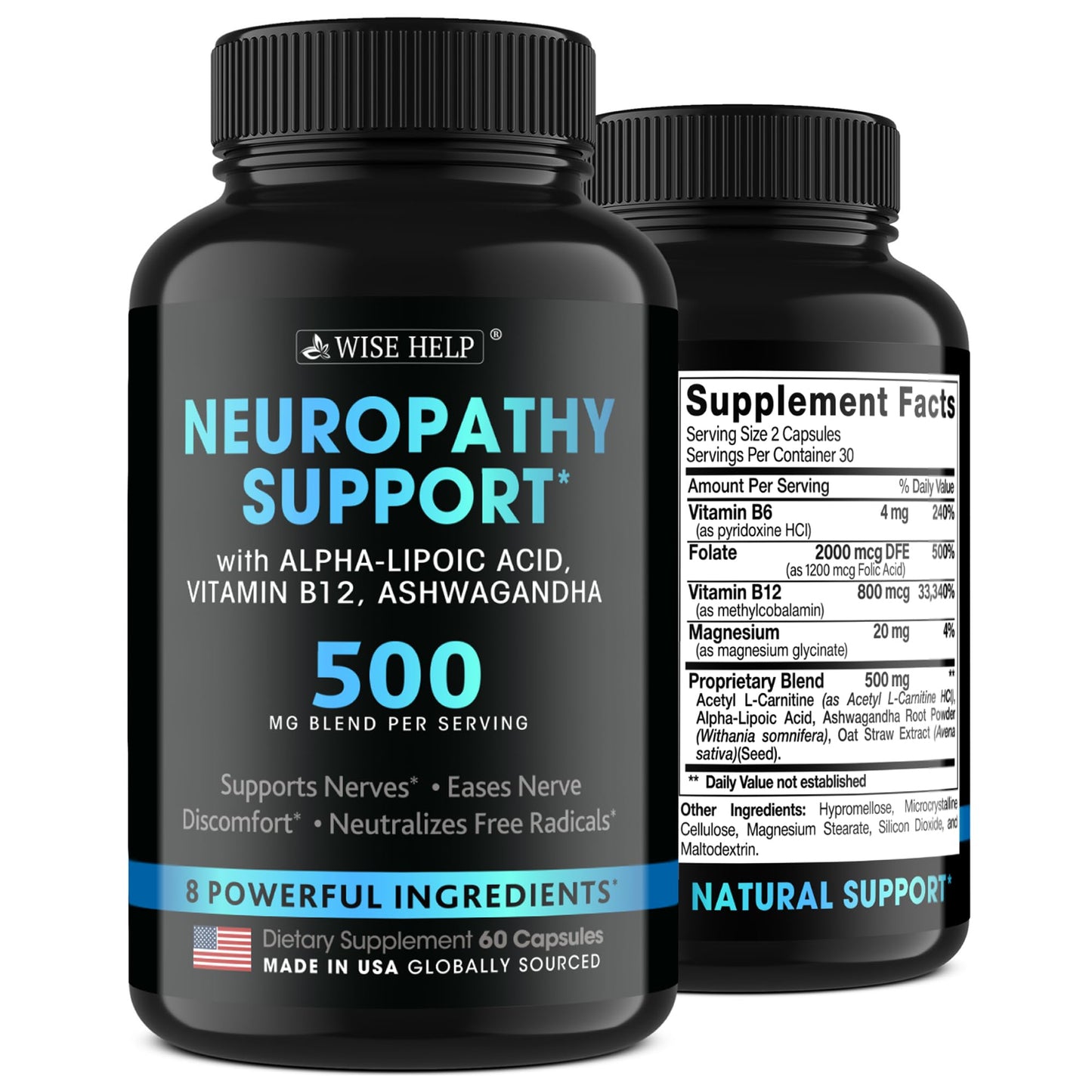 Neuropathy Support Natural Nerve Discomfort Relief - Made in USA - Nerve Antioxidant for Trigeminal Neuralgia, Diabetic & Peripheral Neuropathy - Hands, Neck, Feet & Toes Treatment Formula - 60 Caps - dailyvitalstore