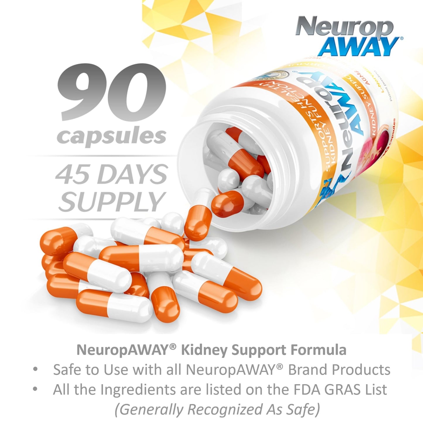 NeuropAWAY Kidney Support Formula Sugar Free with Agmatine Sulfate 500mg L-Novaline 50mg L-Ornithine 150mg L-Citrulline 100mg Per Capsule 90CT Fast Acting Kidney Support - dailyvitalstore