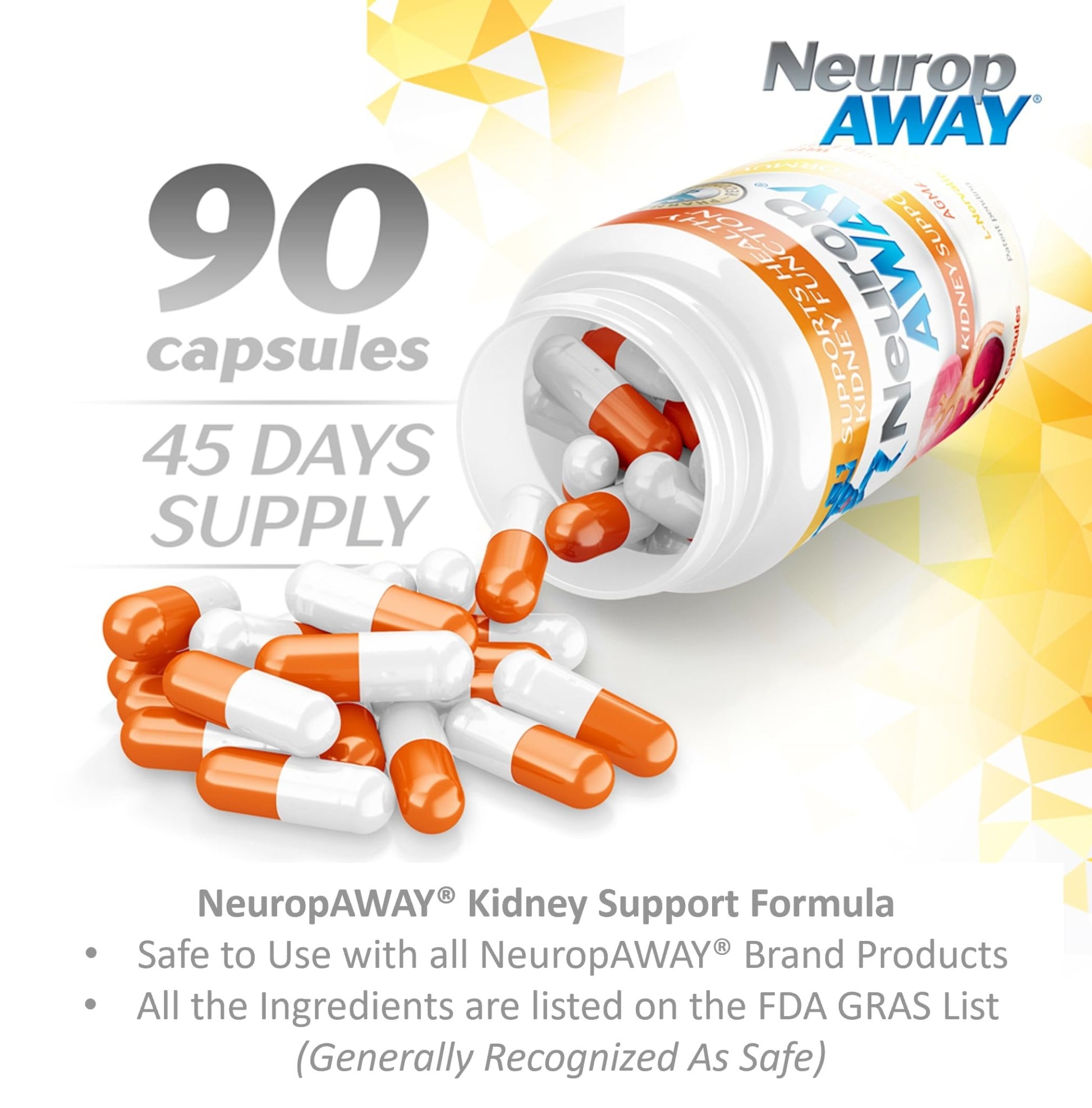 NeuropAWAY Kidney Support Formula Sugar Free with Agmatine Sulfate 500mg L-Novaline 50mg L-Ornithine 150mg L-Citrulline 100mg Per Capsule 90CT Fast Acting Kidney Support - dailyvitalstore