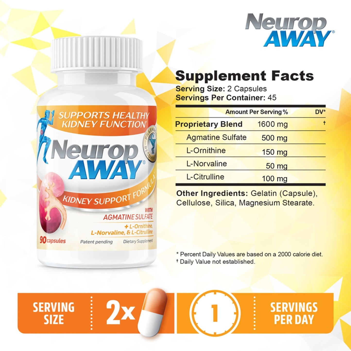 NeuropAWAY Kidney Support Formula Sugar Free with Agmatine Sulfate 500mg L-Novaline 50mg L-Ornithine 150mg L-Citrulline 100mg Per Capsule 90CT Fast Acting Kidney Support - dailyvitalstore