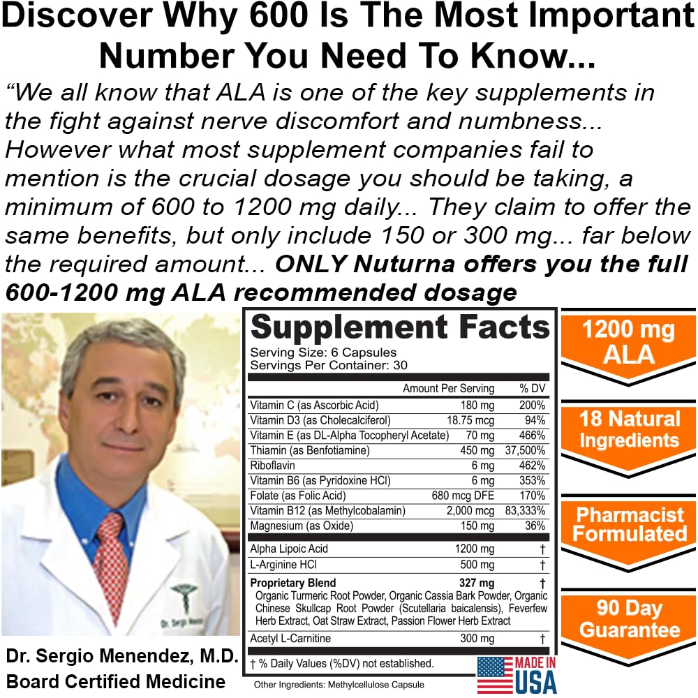 Neuroturna Support Supplement with 1200 mg Pure Alpha Lipoic Acid - Maximum Strength Formula with ALA + Vitamins + Minerals + Herbs - Best Natural Support - 180 Capsules - dailyvitalstore