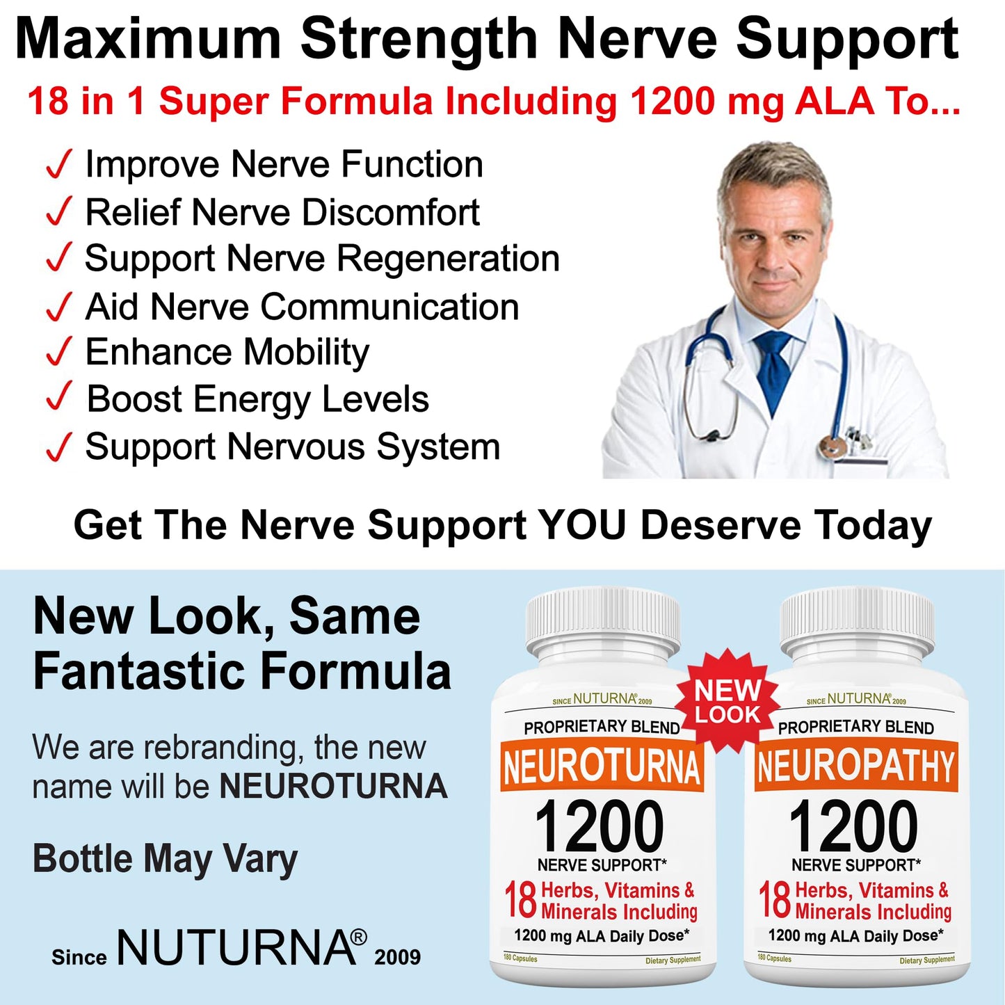 Neuroturna Support Supplement with 1200 mg Pure Alpha Lipoic Acid - Maximum Strength Formula with ALA + Vitamins + Minerals + Herbs - Best Natural Support - 180 Capsules - dailyvitalstore
