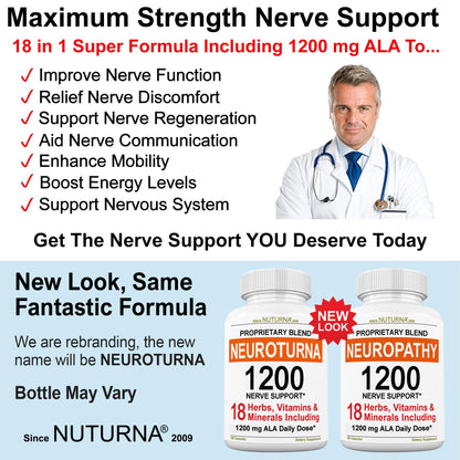 Neuroturna Support Supplement with 1200 mg Pure Alpha Lipoic Acid - Maximum Strength Formula with ALA + Vitamins + Minerals + Herbs - Best Natural Support - 180 Capsules - dailyvitalstore
