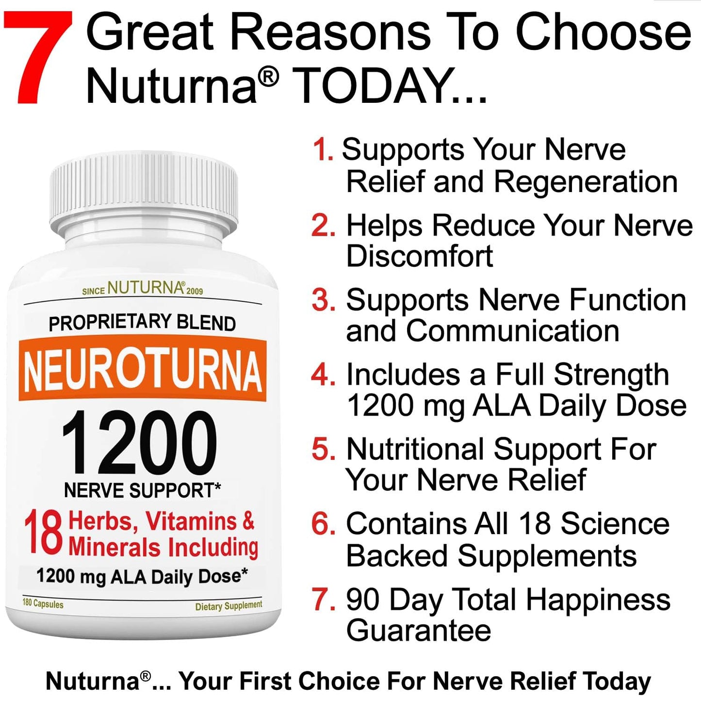 Neuroturna Support Supplement with 1200 mg Pure Alpha Lipoic Acid - Maximum Strength Formula with ALA + Vitamins + Minerals + Herbs - Best Natural Support - 180 Capsules - dailyvitalstore