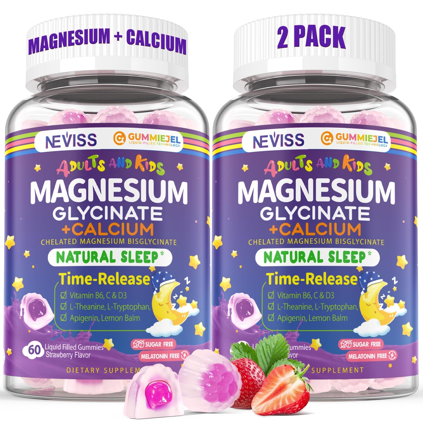 Neviss Magnesium Glycinate + Calcium Filled Gummies for Adults and Kids 4+, Kids Sleep Gummies Melatonin Free, No Sugar Magnesium Supplement w/B6 D3, L-Theanine for Zzz Relax, Brain,Bone,Muscle 2Pack - dailyvitalstore