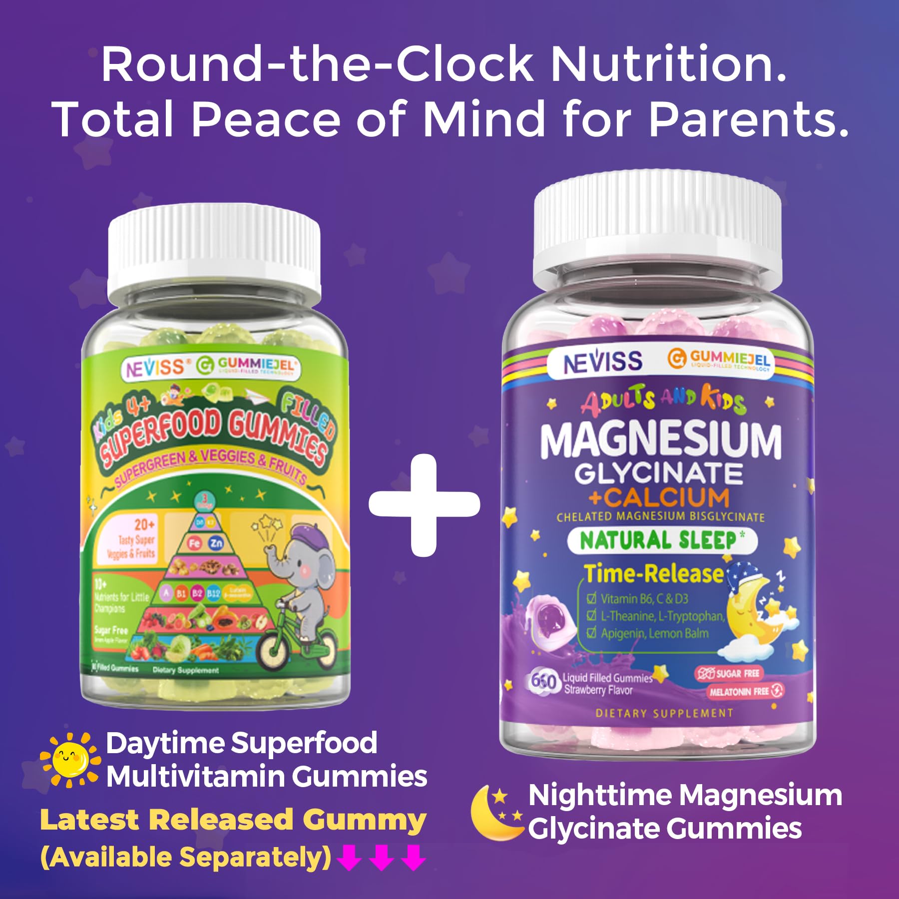 Neviss Magnesium Glycinate + Calcium Filled Gummies for Adults and Kids 4+, Kids Sleep Gummies Melatonin Free, Sugar Free Magnesium Supplement with B6 D3, L-Theanine for Zzz & Relax, Brain,Bone,Muscle - dailyvitalstore