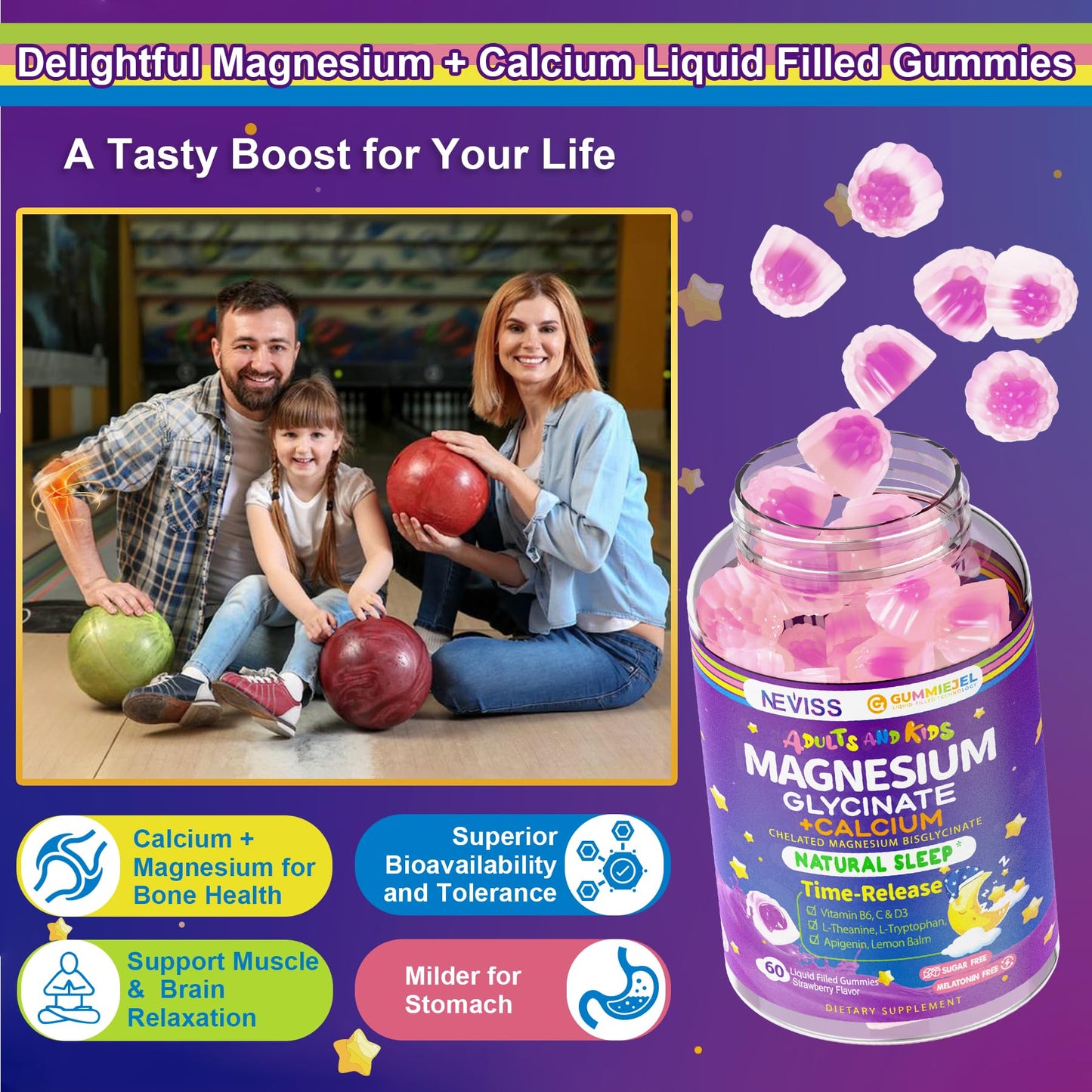 Neviss Magnesium Glycinate + Calcium Filled Gummies for Adults and Kids 4+, Kids Sleep Gummies Melatonin Free, Sugar Free Magnesium Supplement with B6 D3, L-Theanine for Zzz & Relax, Brain,Bone,Muscle - dailyvitalstore