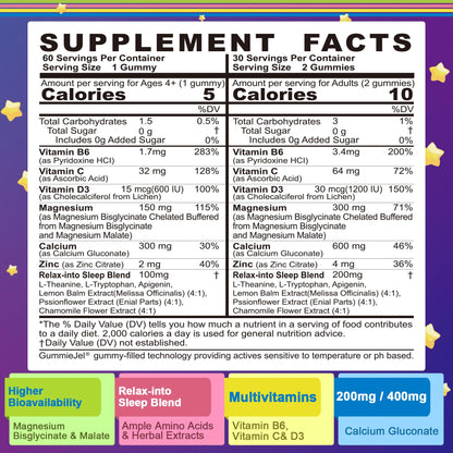 Neviss Magnesium Glycinate + Calcium Filled Gummies for Adults and Kids 4+, Kids Sleep Gummies Melatonin Free, Sugar Free Magnesium Supplement with B6 D3, L-Theanine for Zzz & Relax, Brain,Bone,Muscle - dailyvitalstore