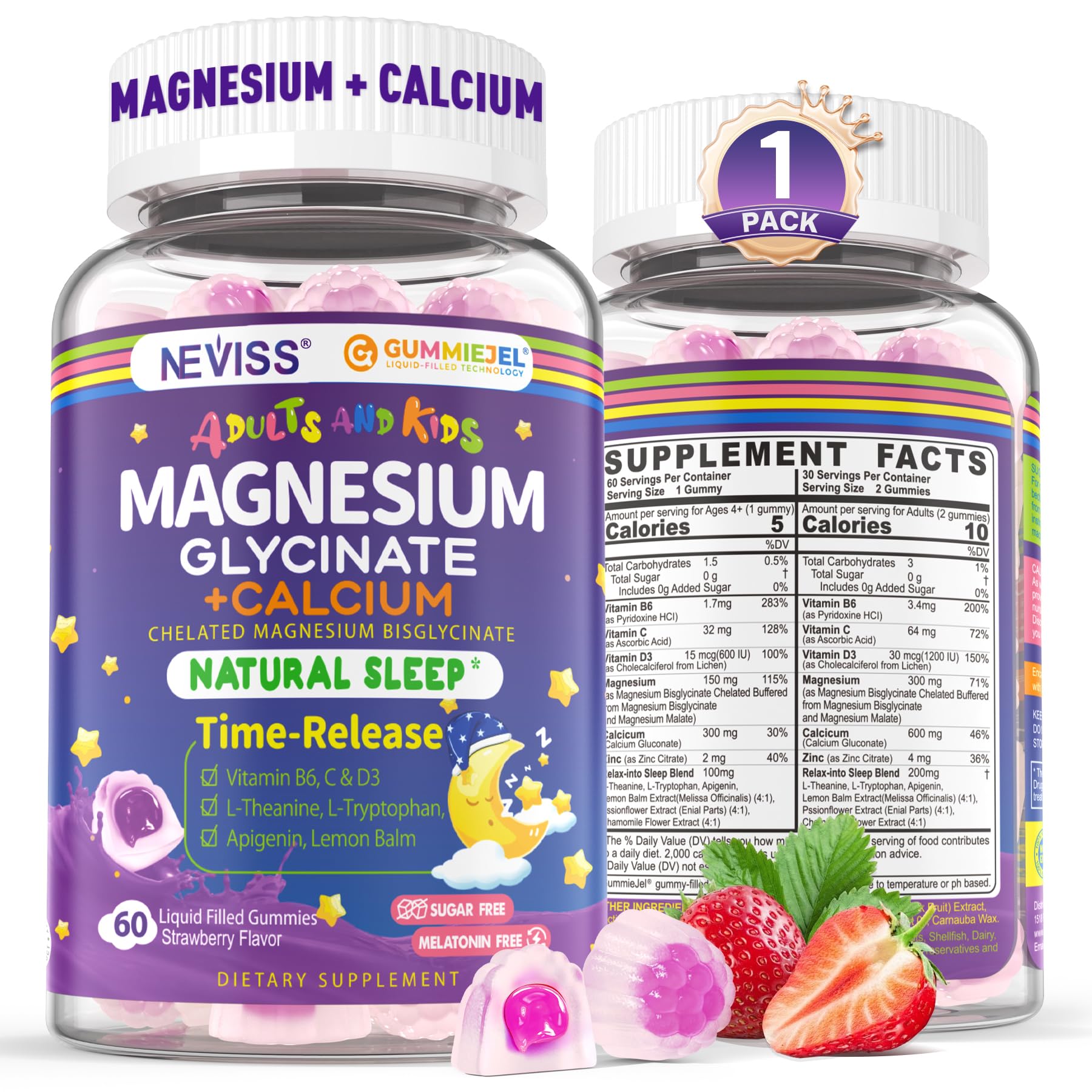 Neviss Magnesium Glycinate + Calcium Filled Gummies for Adults and Kids 4+, Kids Sleep Gummies Melatonin Free, Sugar Free Magnesium Supplement with B6 D3, L-Theanine for Zzz & Relax, Brain,Bone,Muscle - dailyvitalstore
