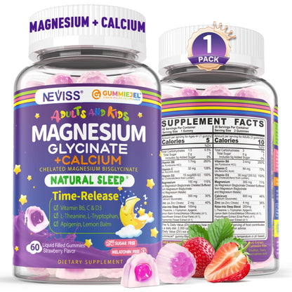 Neviss Magnesium Glycinate + Calcium Filled Gummies for Adults and Kids 4+, Kids Sleep Gummies Melatonin Free, Sugar Free Magnesium Supplement with B6 D3, L-Theanine for Zzz & Relax, Brain,Bone,Muscle - dailyvitalstore